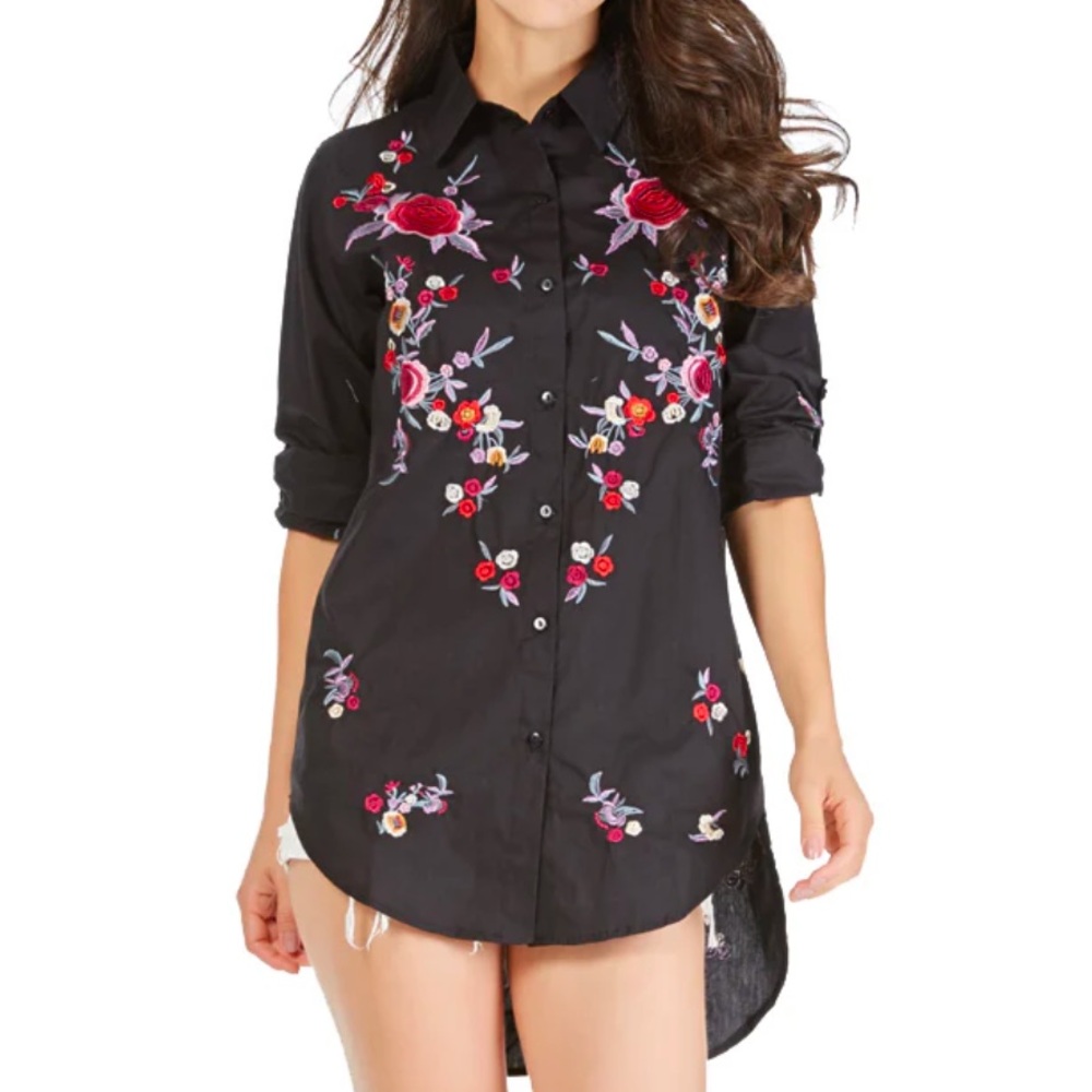 Chelsea‎ & Theodore Floral Embroidery Black Long Blouse